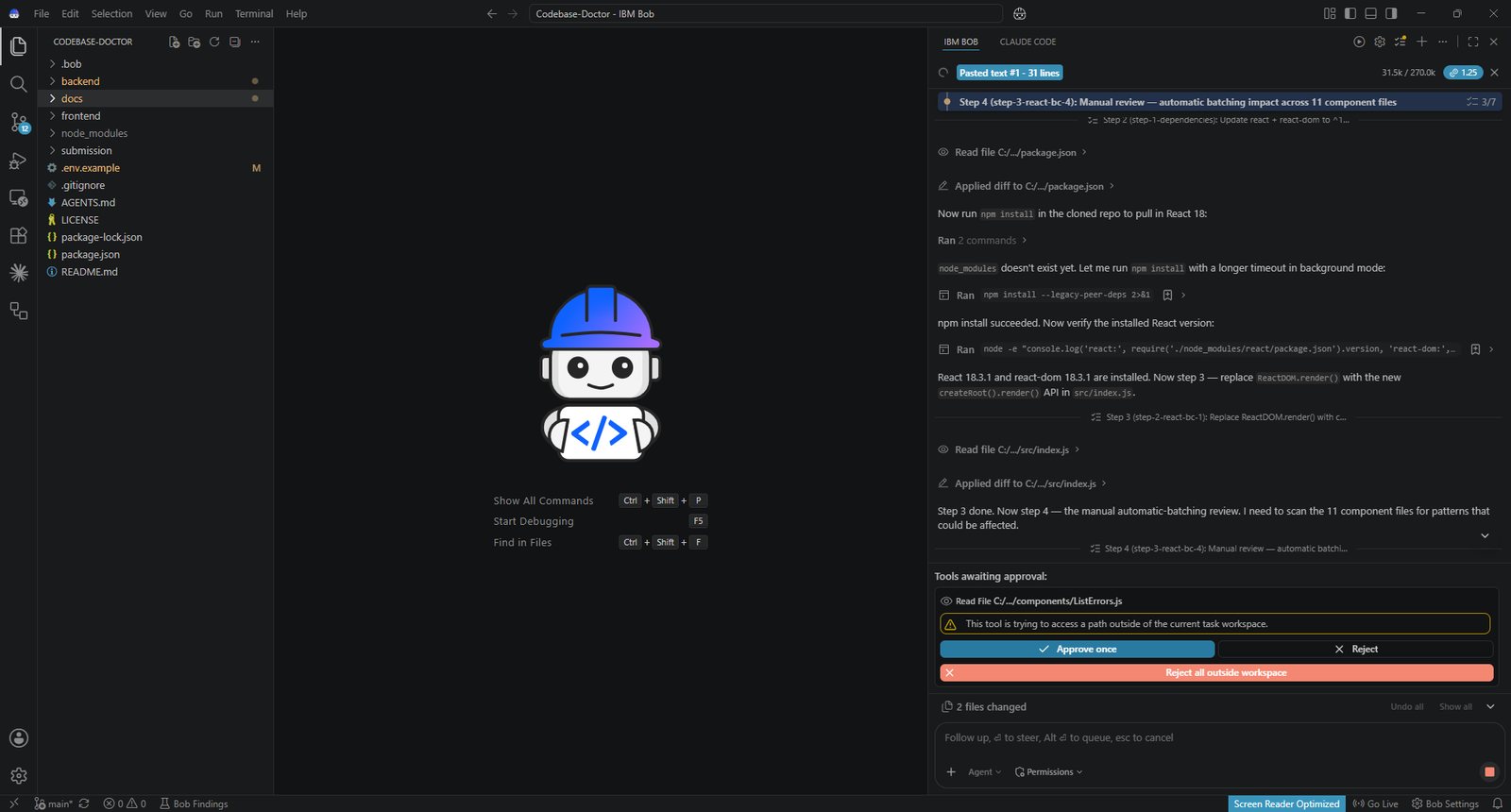 IBM Bob running a migration session with an earlier version: a todo list of plan steps, commands it ran, and tools waiting for the user's approval.