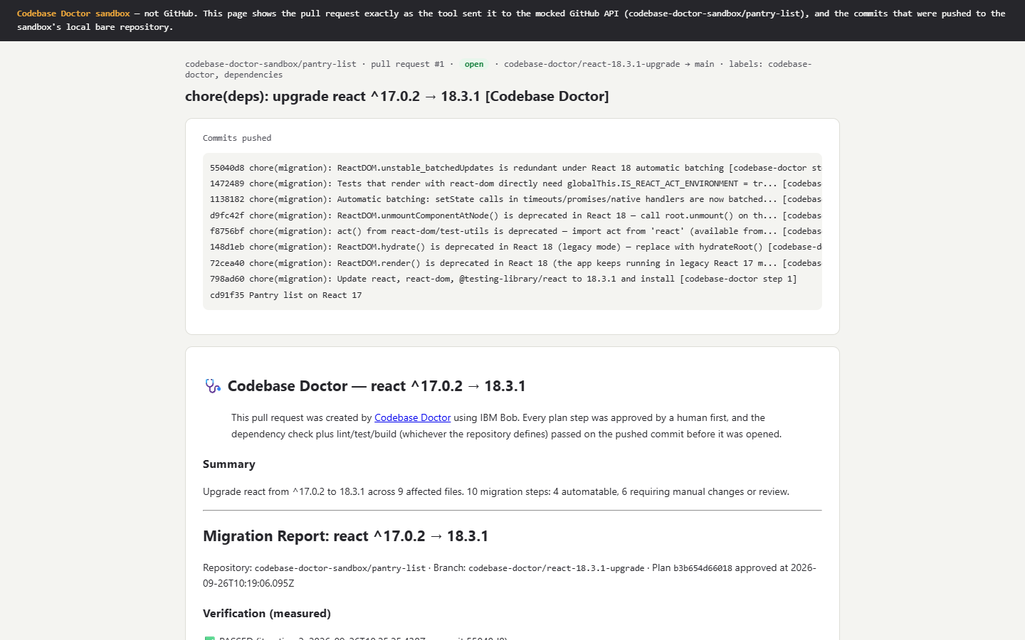 Sandbox pull request page: chore(deps): upgrade react ^17.0.2 → 18.3.1, with the commits pushed, one per migration step.